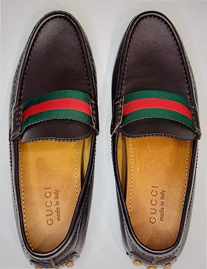 Gucci Men’s Brown Leather Driving Moccasins Web Stripe Loafers