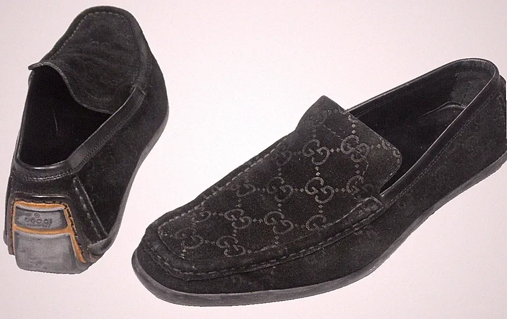 Gucci Monogram Suede Driving Moccasins Loafers Shoes Womens 8 B Narrow Black