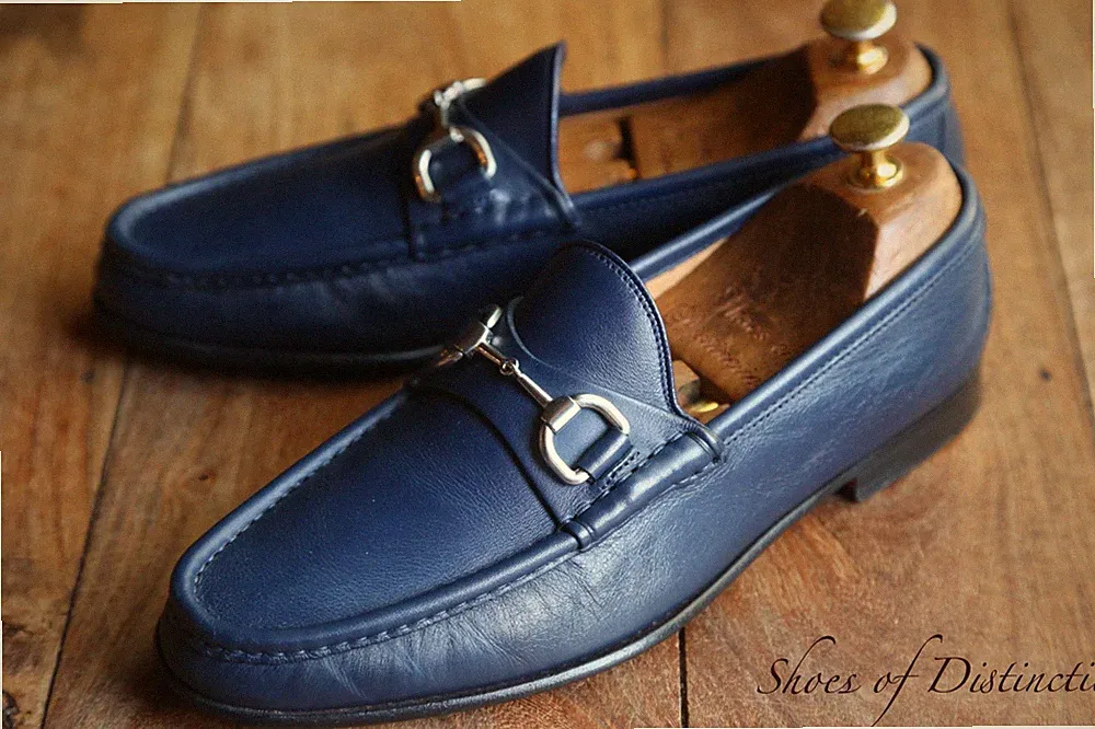 Gucci Navy Blau Leder Silber Bit Halbschuhe Schuhe Herren UK 5,5 US 6,5 EU 39,5