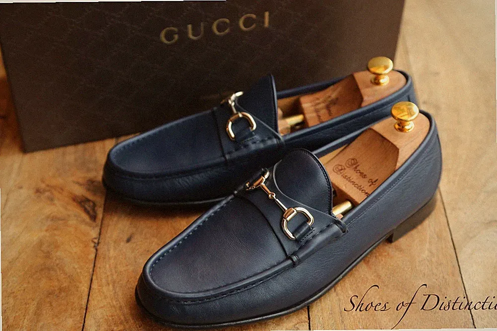 Gucci Navy Blau Leder Silber Bit Halbschuhe Schuhe Herren UK 7,5 US 8,5 EU 41,5