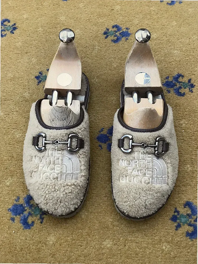 Gucci North Face Slipper Loafer Schuhe Beige Wolle Horsebit Damen UK 4 US 7 EU 37
