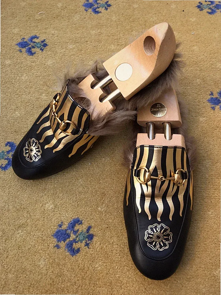 Gucci Princetown Leder Garten Fell Slipper Halbschuhe Schuhe Pantolette Herren UK 8 US 9 42