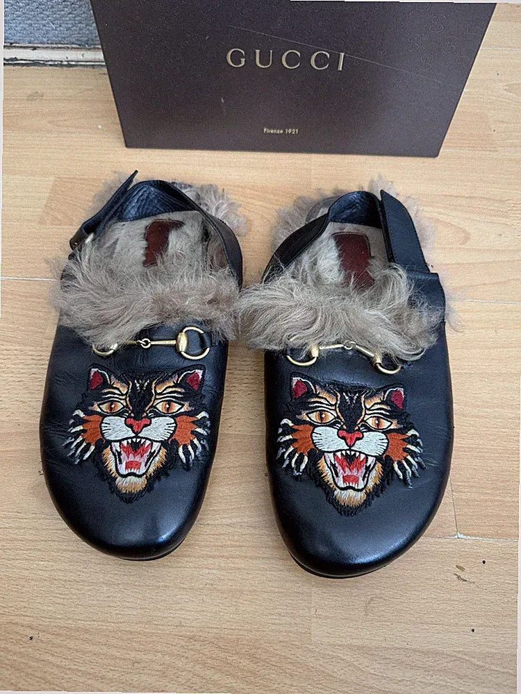 Gucci Princetown Pantolette Angry Cat Schwarz Leder Herren Horsebit Hausschuhe Schuh Uk10,5