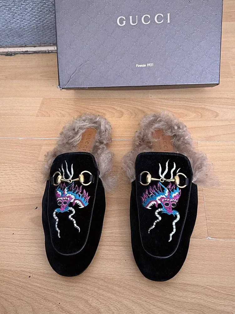 Gucci Princetown Schwarz Drache Samt Herren Slipper Horsebit Halbschuhe Fell Schuh Uk 9
