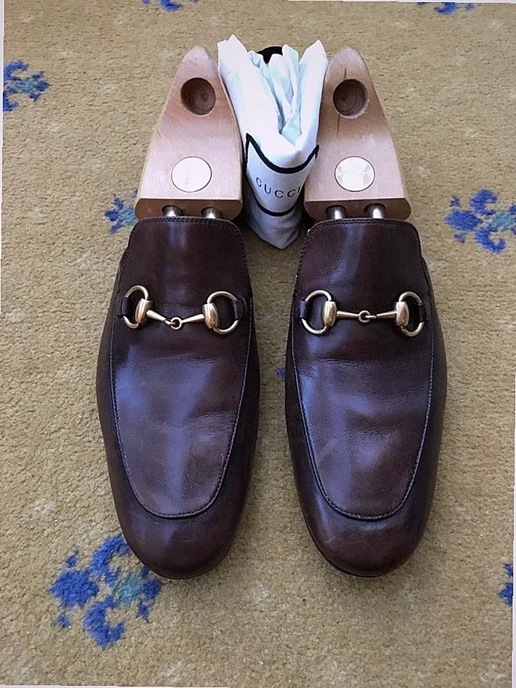 Gucci Princetown Slipper Halbschuhe Schuhe Braun Leder Horsebit Herren UK 8 US 9 42