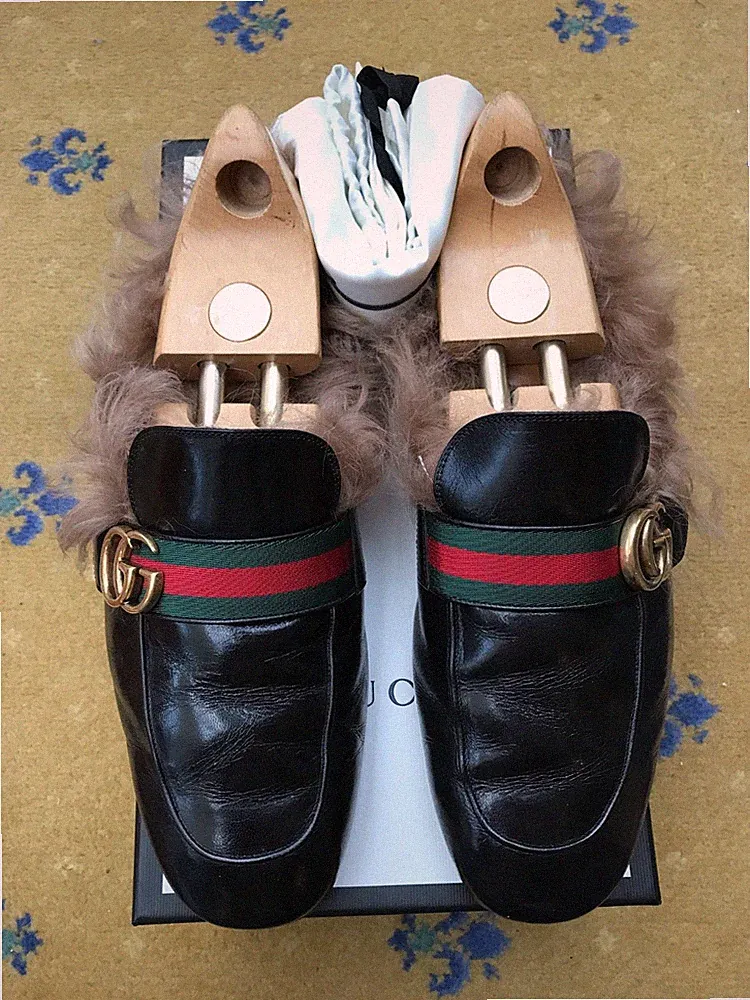 Gucci Princetown Slipper Halbschuhe Schuhe Double G Web Grün Fell Herren US 11 UK 10,5