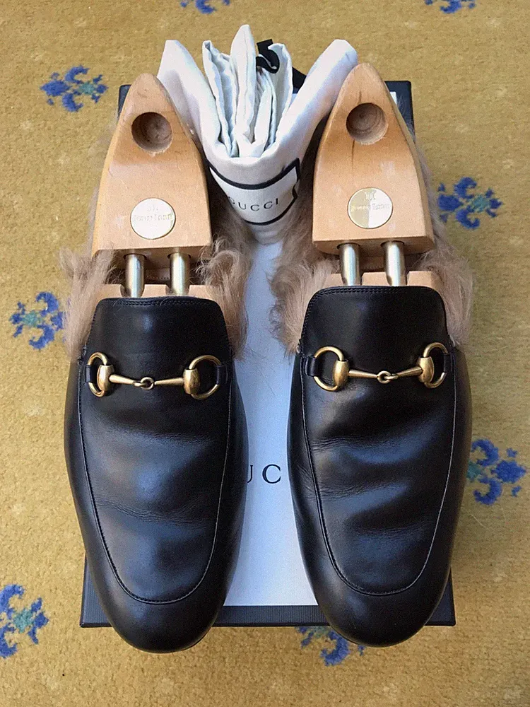 Gucci Princetown Slipper Halbschuhe Schuhe Horsebit Schwarz Fell Herren UK 10 US 11 EU 44
