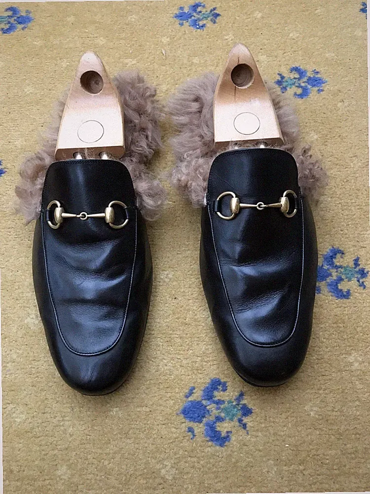 Gucci Princetown Slipper Halbschuhe Schuhe Horsebit Schwarz Fell Herren UK 11 US 12 EU 45