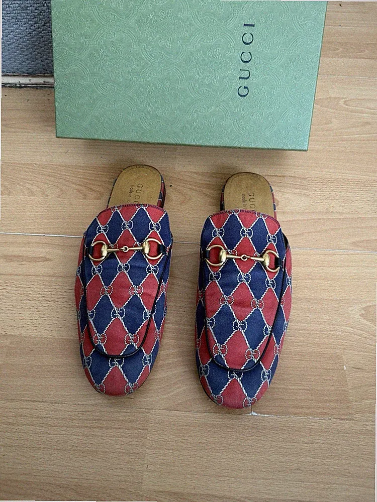 Gucci Princetown Stoff Leder Herren Slipper Horsebit Halbschuhe Schuh UK 9,5