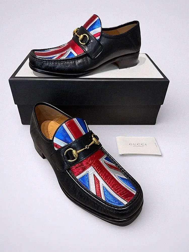 Gucci Quentin Halbschuhe Pferdegebiss Schuhe UK 9,5 Metallic Union Jack Motiv NEU