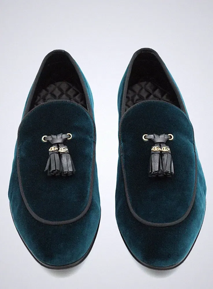 Gucci Samt Halbschuhe Blau Grün Herren Schuhe UK 10 US 10,5 EUR 44