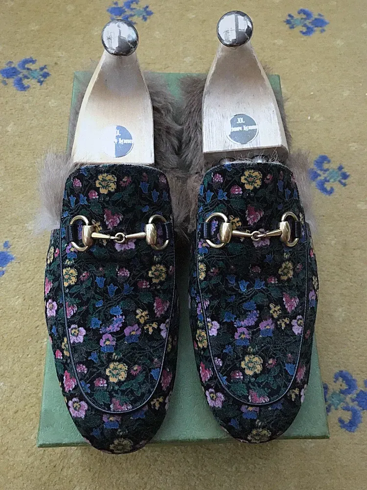Gucci Schuhe Princetown Slipper Halbschuhe Samt Blumen Fell Herren UK 7 US 8 EU 41
