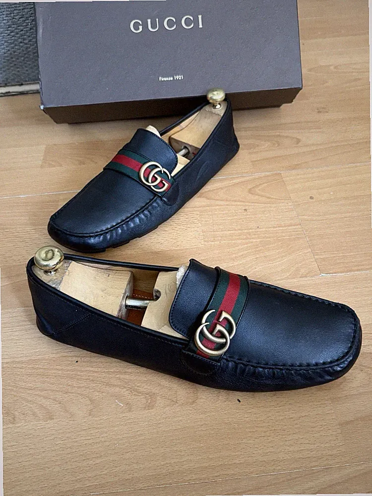 Gucci Schwarz Leder G G Logo Web Halbschuhe Fahrschuh UK 12,5, Hergestellt in Italien