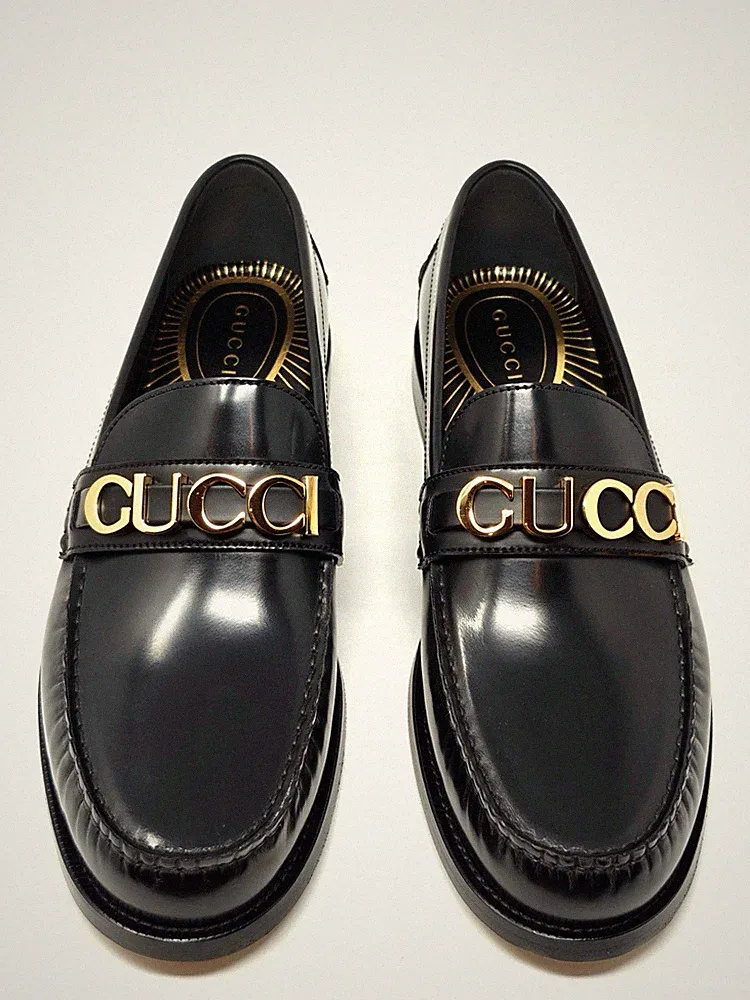 Gucci Schwarz Leder Halbschuhe Gold Logo Plakette Trense Schuhe UK 12 US 12,5 15833G