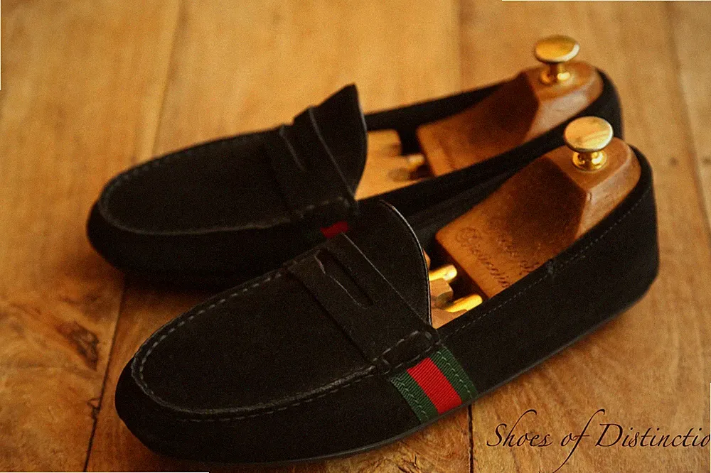 Gucci Schwarz Wildleder Rot Grün Streifen Schuhe Halbschuhe Herren UK 6 G...