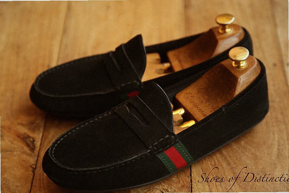 Gucci Schwarz Wildleder Rot Grün Streifen Schuhe Halbschuhe Herren UK 6 G US...