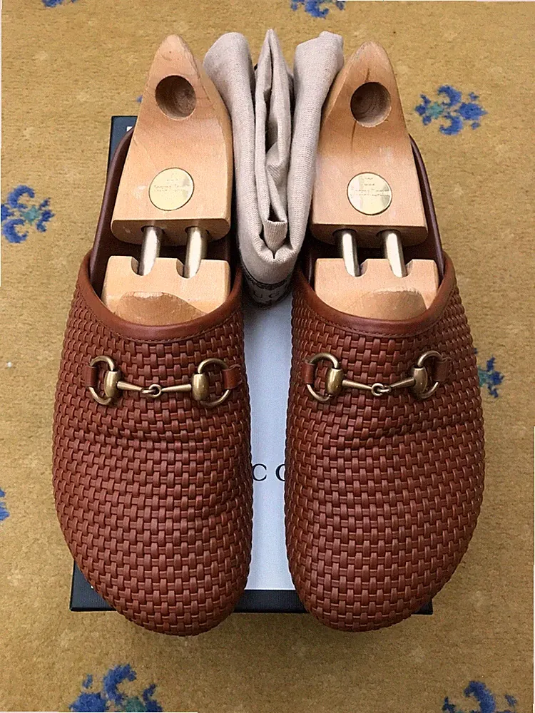 Gucci Slipper Halbschuhe Pantoletten Schuhe braun geflochtenes Leder Horsebit Herren US 10 UK 9,5