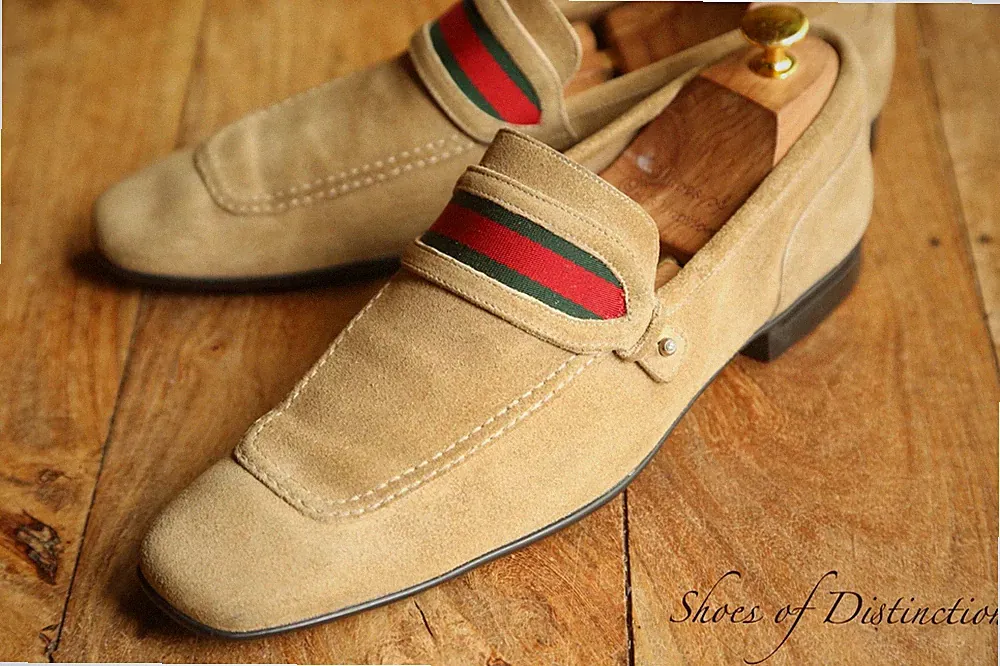 Gucci Tan Beige Suede Shoes Penny Loafers Mens UK 7 E US 8 EU 41