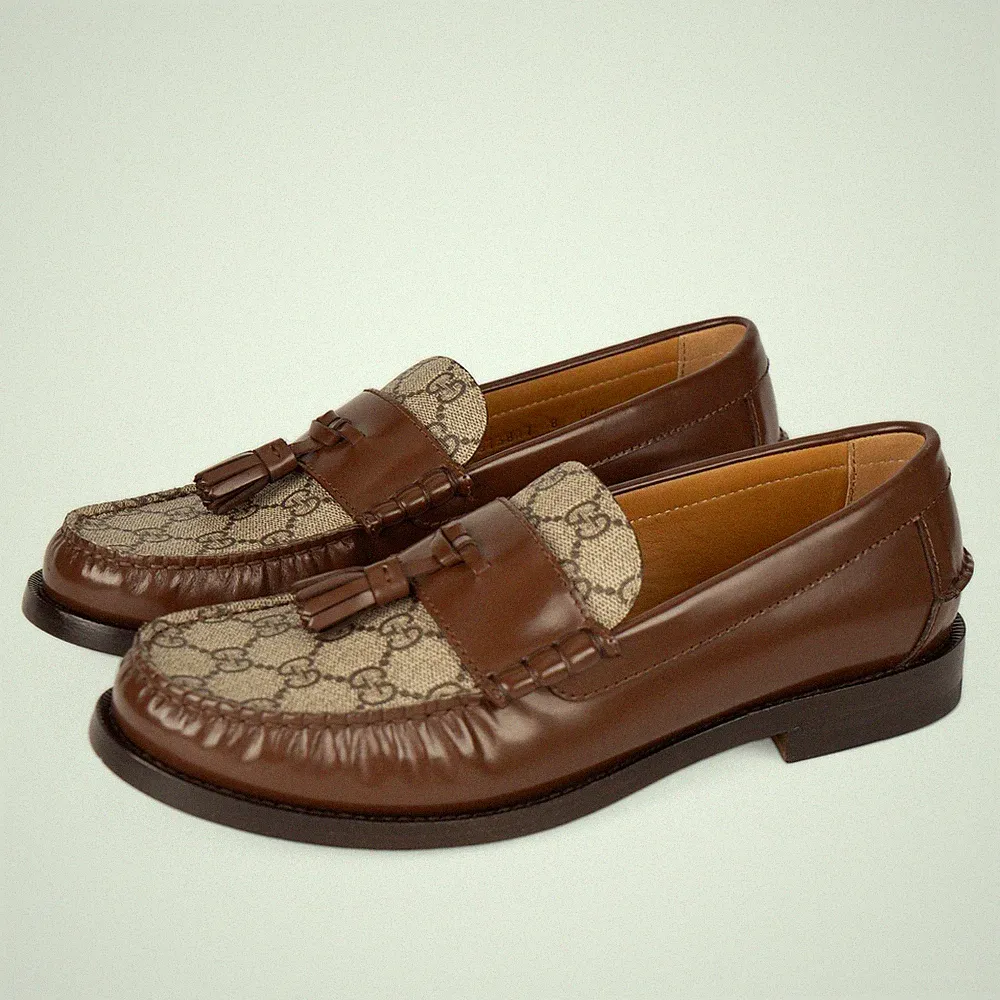 Gucci Tassel GG Canvas Slipper Braun Leder Herren US 8,5 UK 8 EU 42