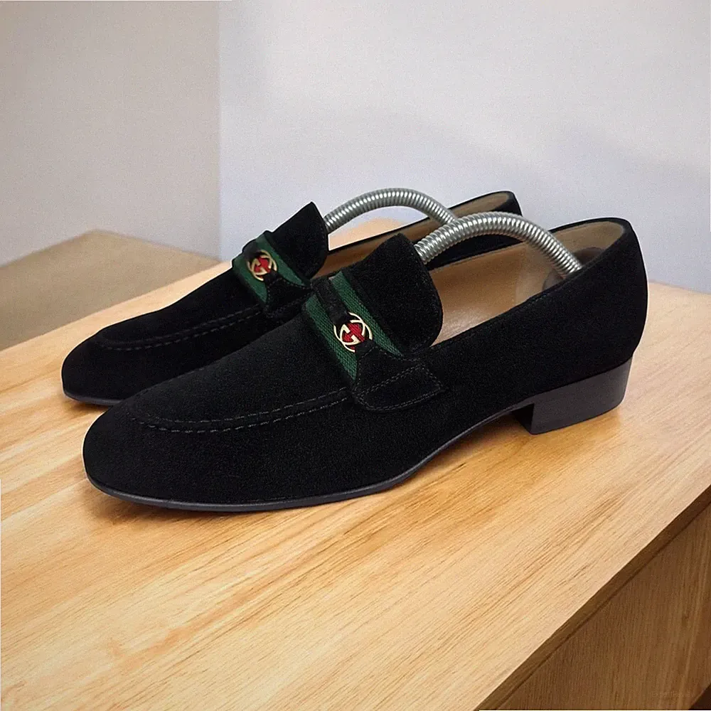 Gucci Vintage Web Horsebit Vintage Halbschuhe Absätze Schwarz Wildleder 7,5 US