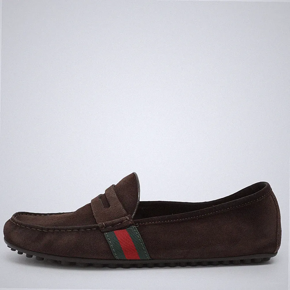 Gucci Web Größe 42 Braun Wildleder Penny Loafer