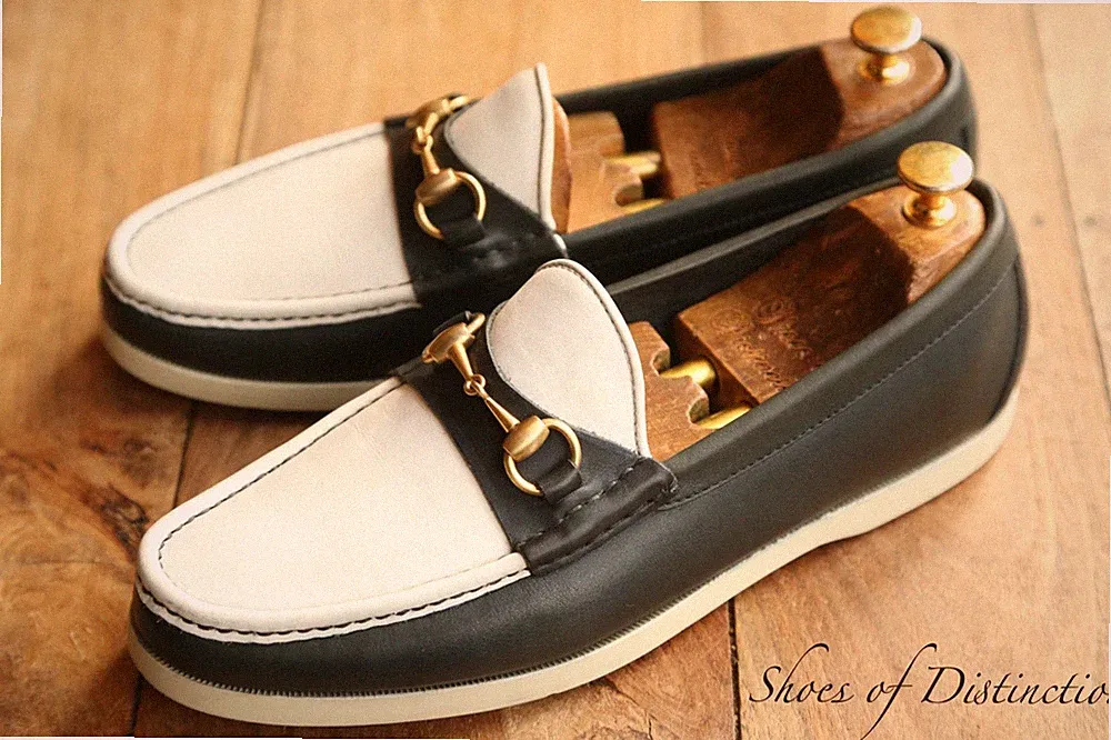 Gucci Weiß Blau Leder Messing Bit Halbschuhe Herren UK 9,5 M EU 43,5 US 10,5...