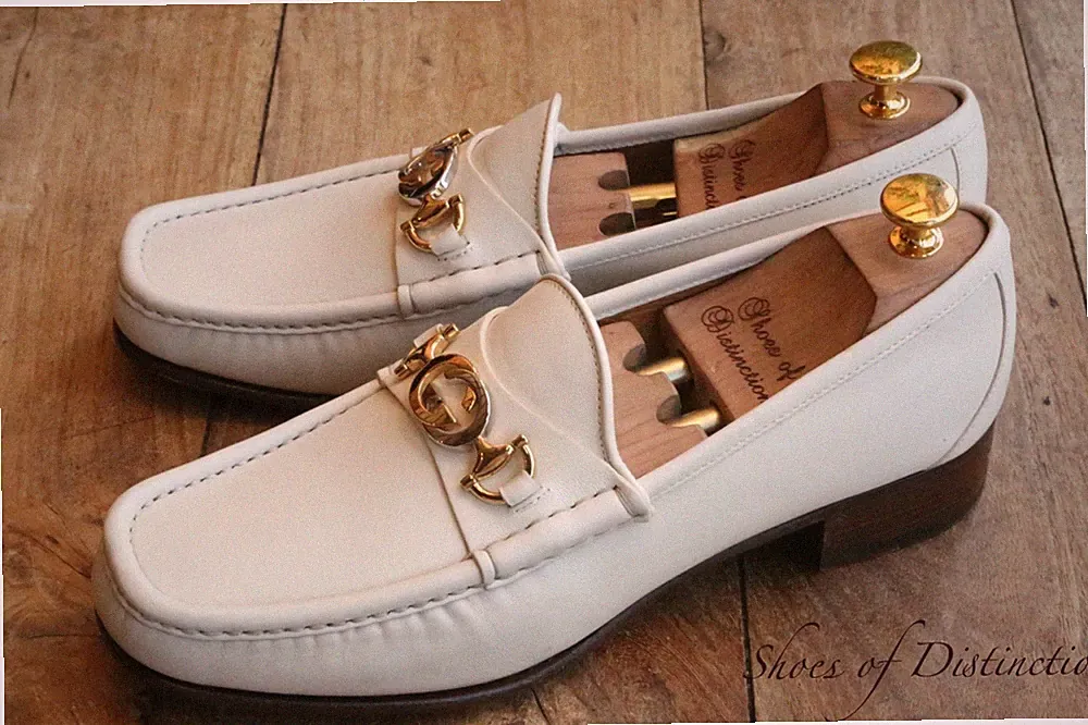 Gucci Weiß Leder Gold Silber Bit Halbschuhe Schuhe Herren UK 8,5 E US 9,5...