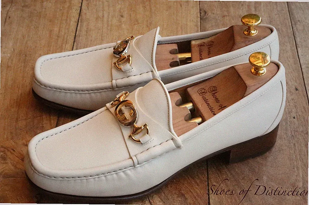 Gucci Weiß Leder Gold Silber Bit Halbschuhe Schuhe Herren UK 8,5 E US 9,5...
