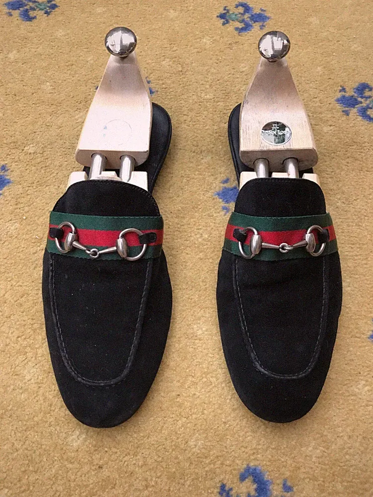 Gucci Wildleder Schwarz Horsebit Web Grün Schuhe Slipper Halbschuhe Herren US 8 UK 7,5 41,5