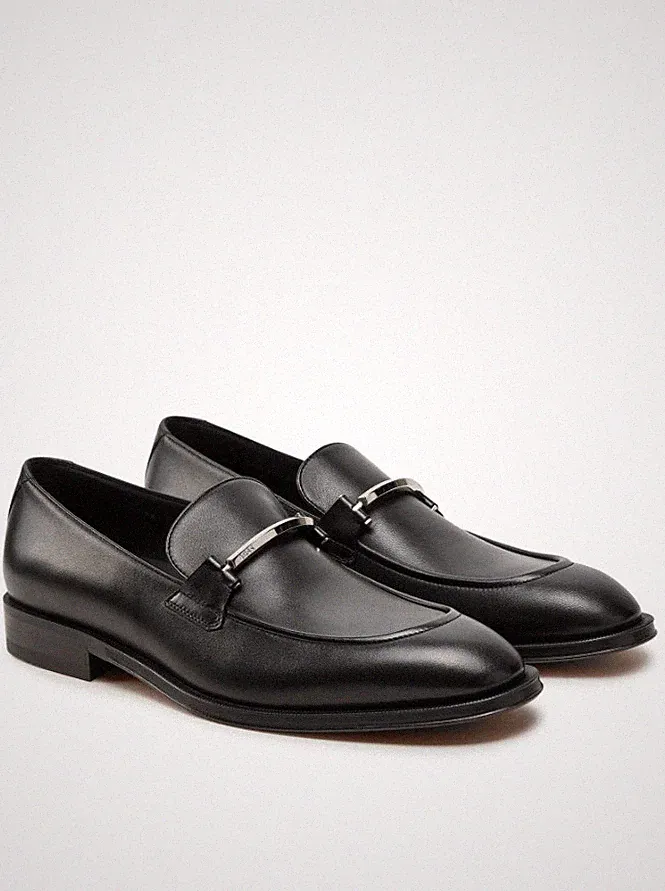 Halbschuhe Boss Herren Schwarz Pull-On Leder Mokassins mit Logo - Derrek Loaf Größe 8
