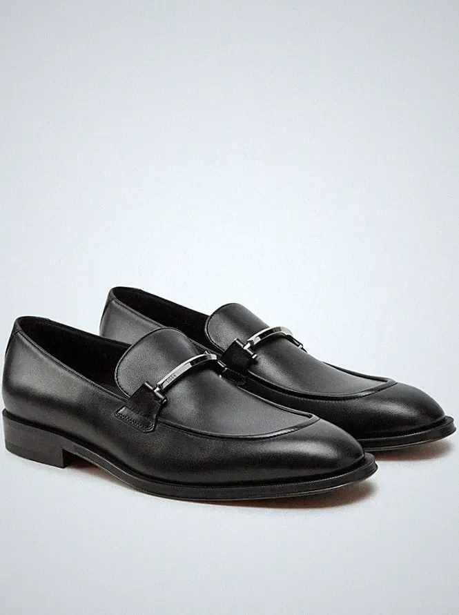 Halbschuhe Boss Herren Schwarz Pull-On Leder Mokassins mit Logo - Derrek Loaf Größe 8
