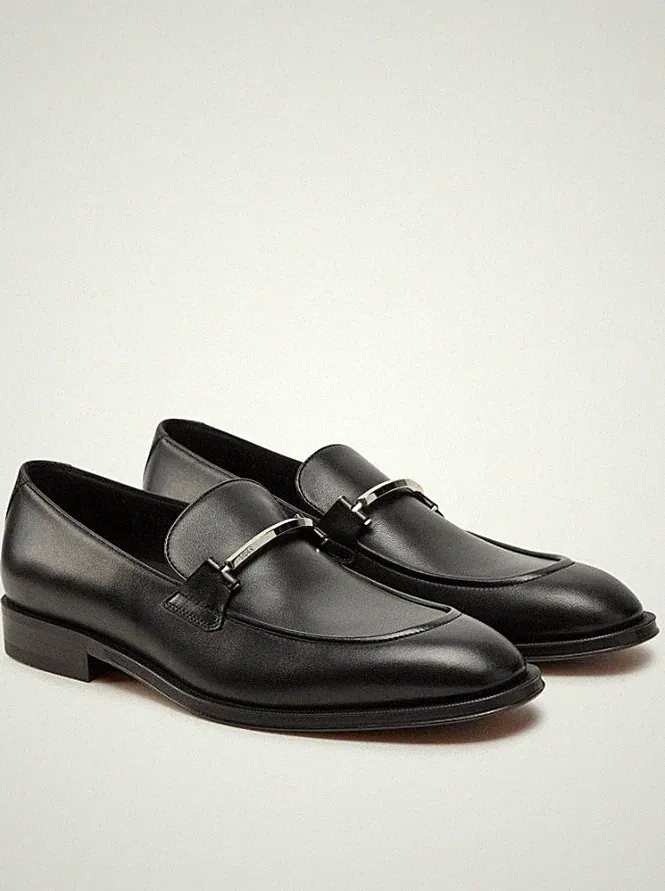 Halbschuhe Herren Boss Schwarz Pull-On Leder Mokassins mit Logo - Derrek Loaf Größe 8