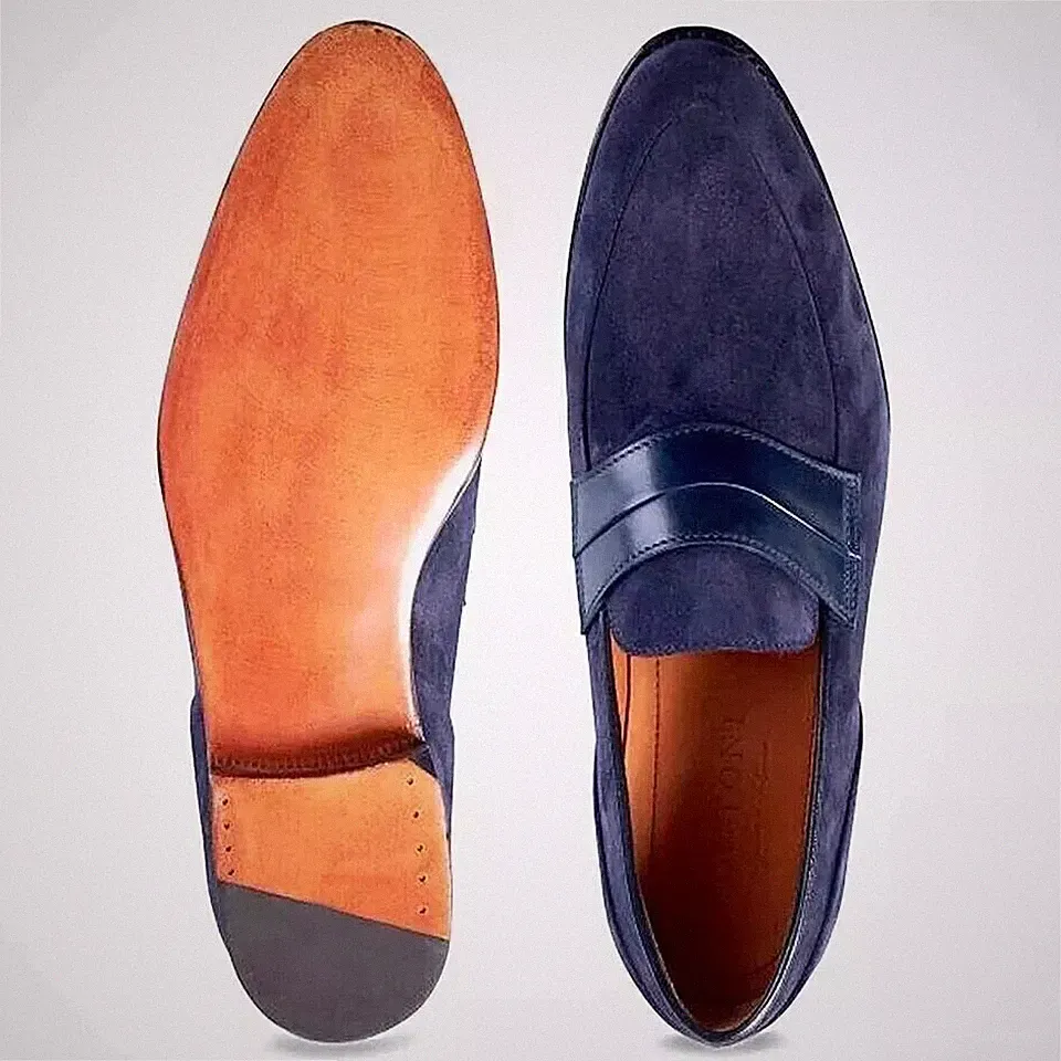 Handgefertigt Herren Wildleder Reines Leder Blau Mokassin Elegant Formell Halbschuh Schuhe für Männer