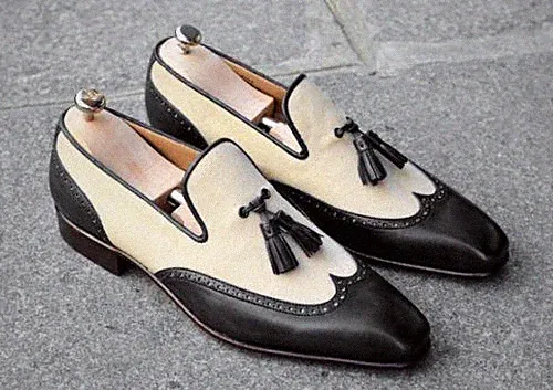 Handgefertigte beige & schwarze Halbschuhe Brogue Schnalle elegante zweifarbige Schuhe für Herren