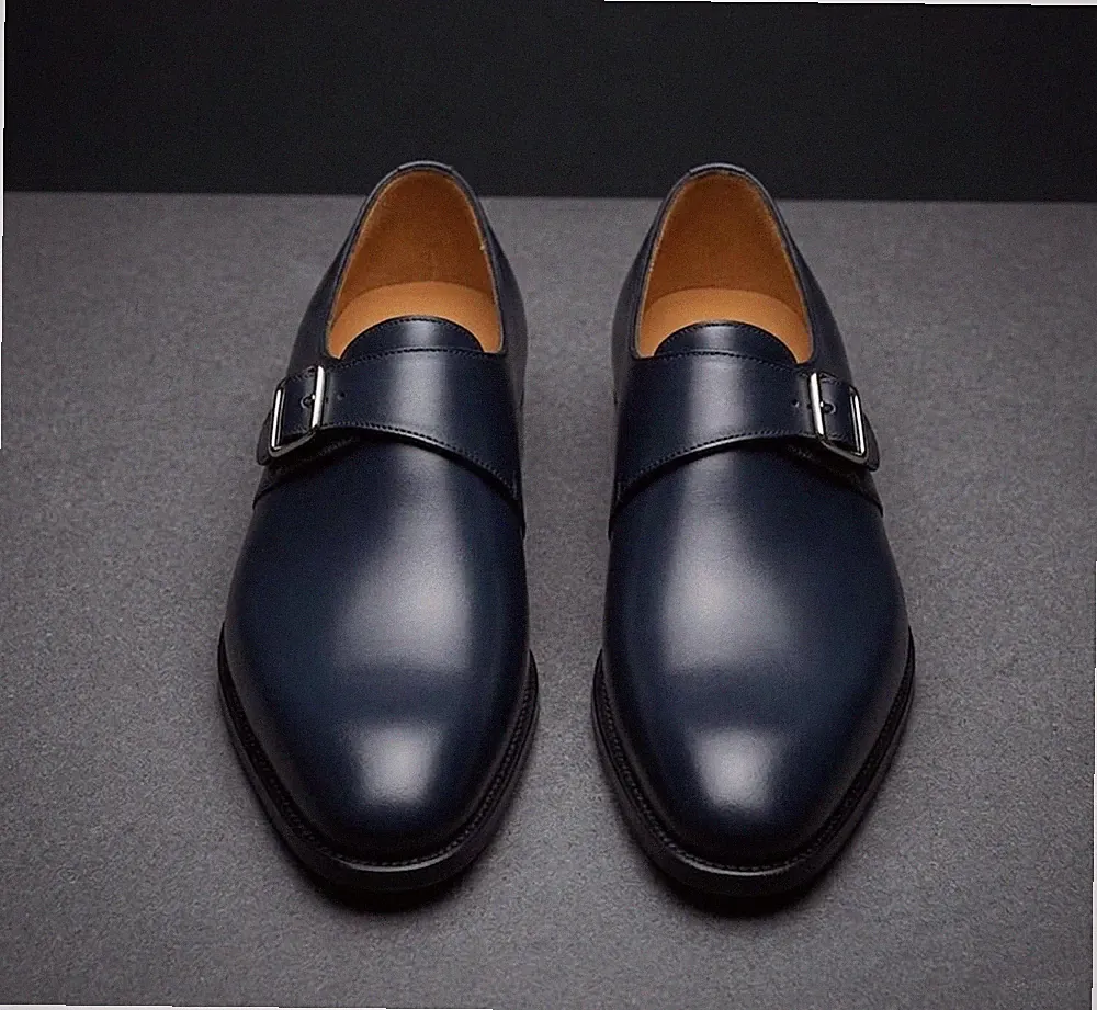 Handgefertigte dunkelblaue Mönchsriemen Schuhe - Premium Leder Halbschuhe für Herren
