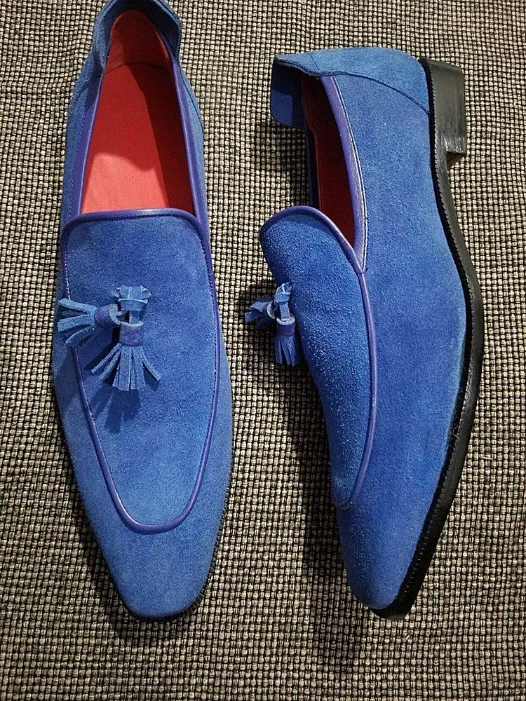 Handgefertigte echte blaue Wildleder Leder Slipper formelle elegante Loafer Quaste Schuhe