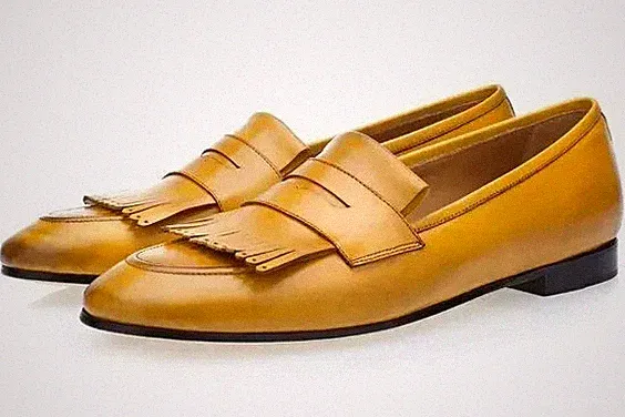 Handgefertigte Echtleder Herrenschuhe Mokassin Schuhe gelb Fransen Halbschuh elegante Schuhe