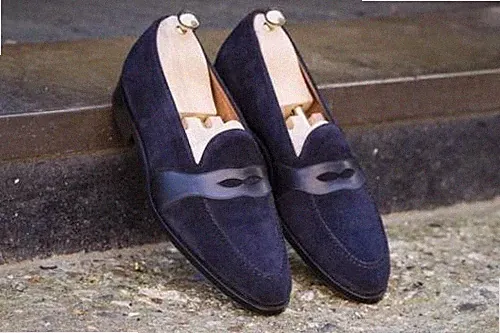 Handgefertigte Herren Formell Dunkelblau Wildleder Leder Halbschuhe Mokassins Slipper Schuhe