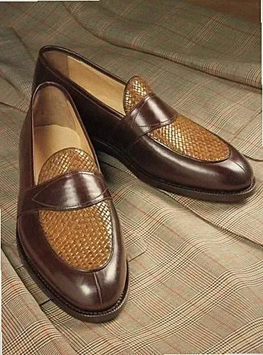 Handgefertigte Herren Gewebt Zweifarbig Braun Leder Halbschuhe Slipper Schuhe für Männer-39-49