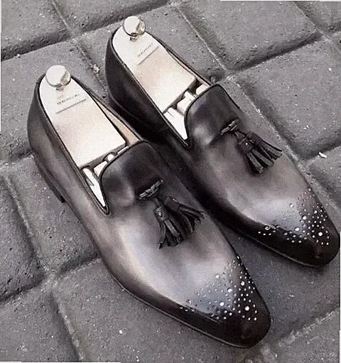 Handgefertigte Herren Grau Leder Formell Slipper Elegant Tasseled Loafer Schuhe für Männer