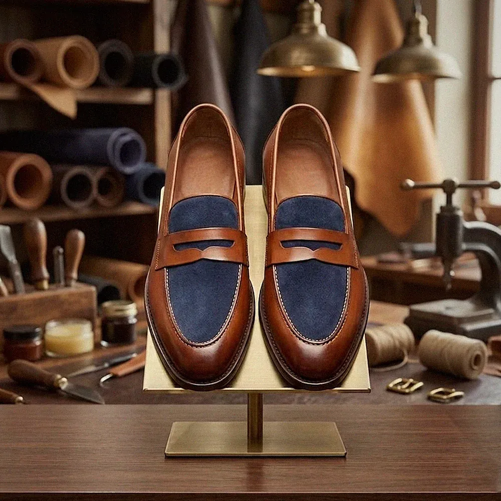 Handgefertigte Herren hellbraun Leder & blau Wildleder Penny Halbschuhe Luxus elegante Schuhe Slipper
