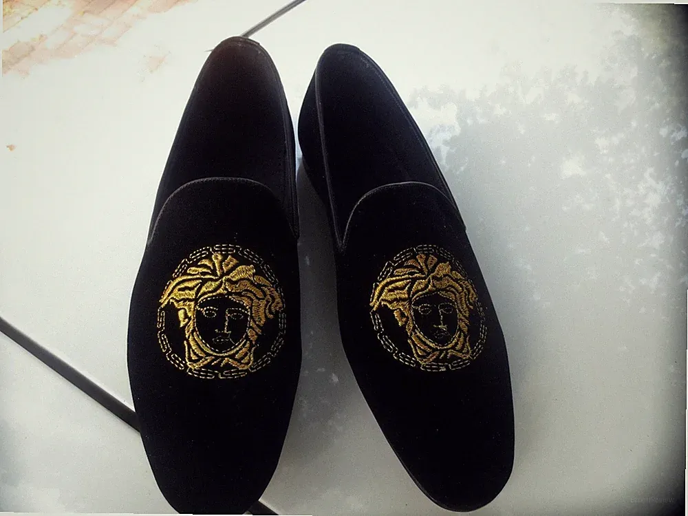 Handgefertigte Herren Slipper Halbschuh Elegant Schwarz Samt Leder Bestickt Party Schuhe