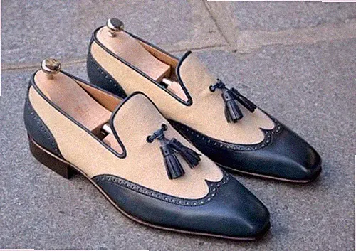Handgefertigte Herrenmode Budapester zweifarbige Lederschuhe beige & marineblau elegante Stiefel