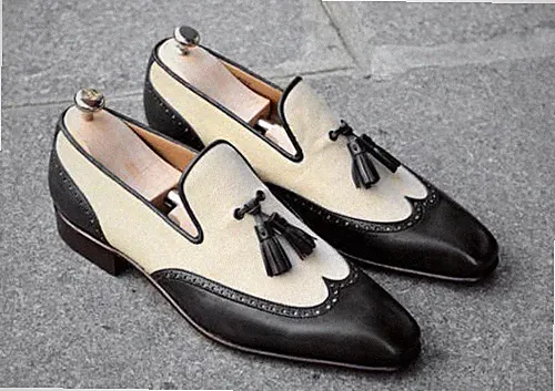 Handgefertigte Herrenmode Budapester zweifarbige Lederschuhe, beige und schwarze Herrenschuhe