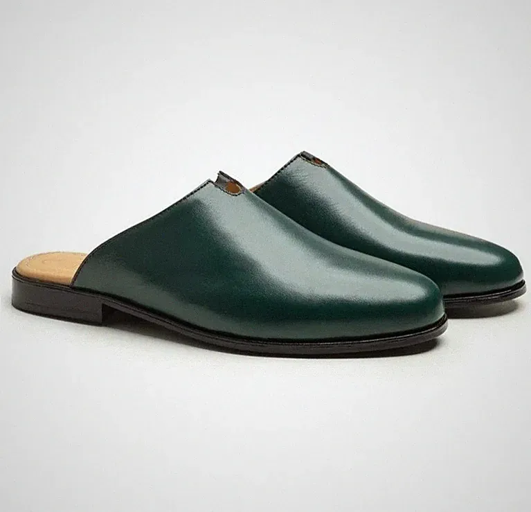 Handgefertigte Leder Pantoletten, Slipper Halbschuhe Herren, grün, elegante Freizeitschuhe UK