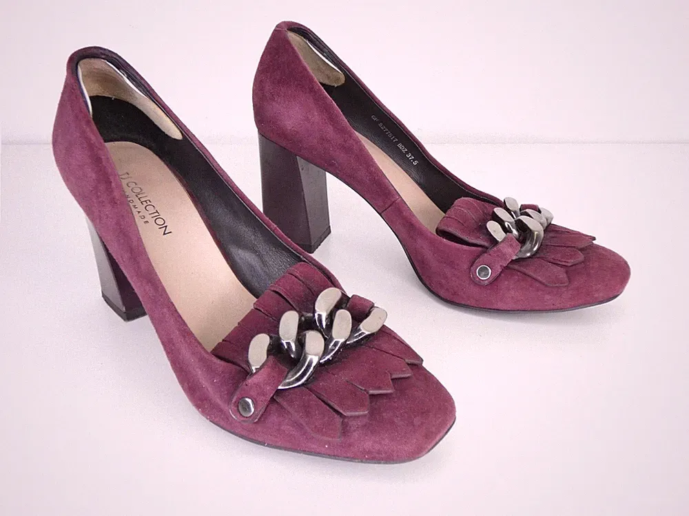Handgefertigte Loafer Heels Kette Fransen TJ Collection Burgund Wildleder Blockabsatz UK4,5