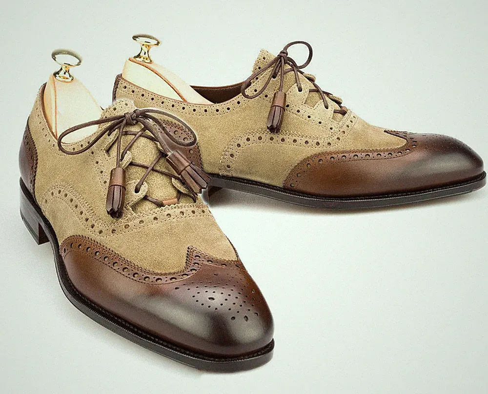 Handgefertigte zweifarbige Herrenschuhe, Herren Flügelspitze formelle Schuhe Männer elegante Lederschuhe