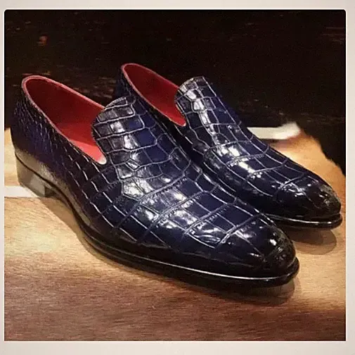 Handgefertigter blauer Alligator Strukturschuh Herren, Tex Mokassin
