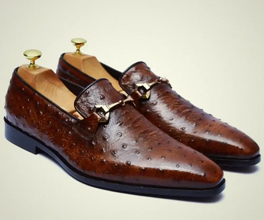 Handgefertigter brauner Straußenmokassin, elegante Slipper Halbschuhe Schuhe, Lederschuhe Herren