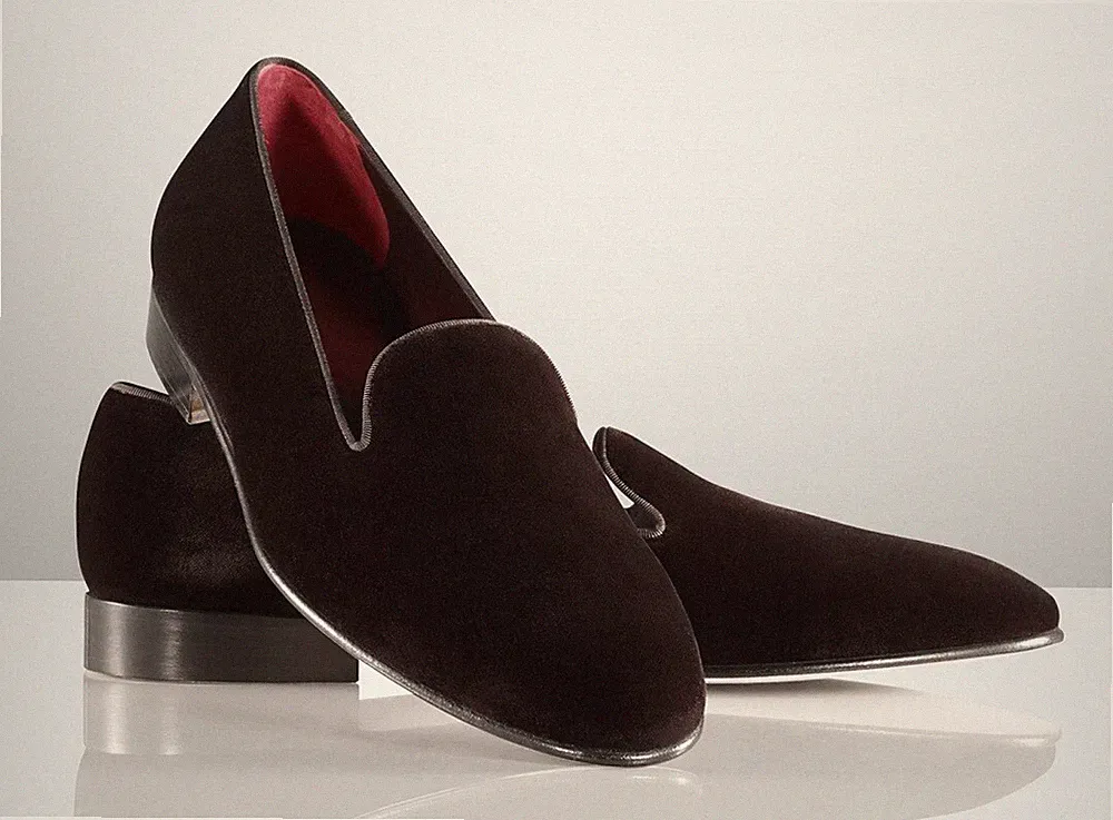 HANDGEMACHTE HERREN BRAUN SAMT HALBSCHUH HAUSSCHUHE MIT LEDERSOHLE, HERREN BRAUN SAMTS